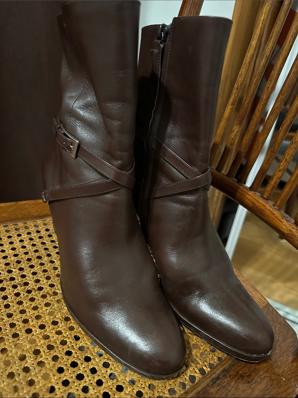 ANTONIO MELANI Dark Brown Leather Mid-Calf Heeled Boots